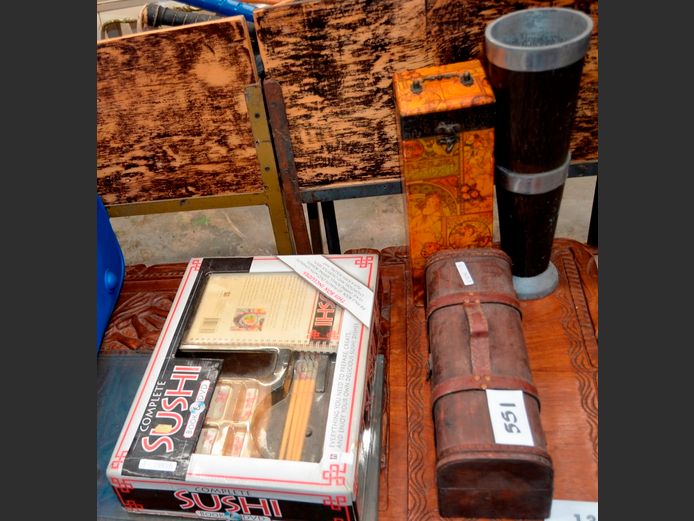 SUSHI MAKING KIT, ALUMINIUM & WOOD VASE, WINE HOLDER, etc