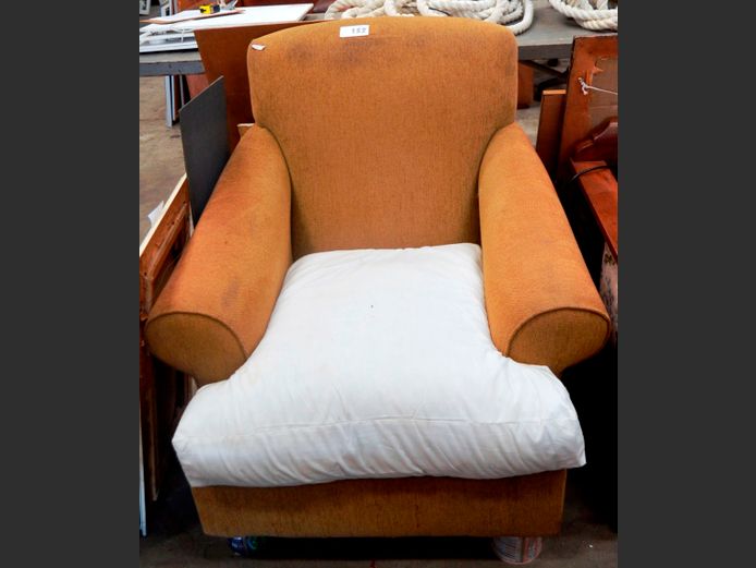 BROWN UPHOLSTERED ARMCHAIR [2 Legs needed & cushion cover needed]
