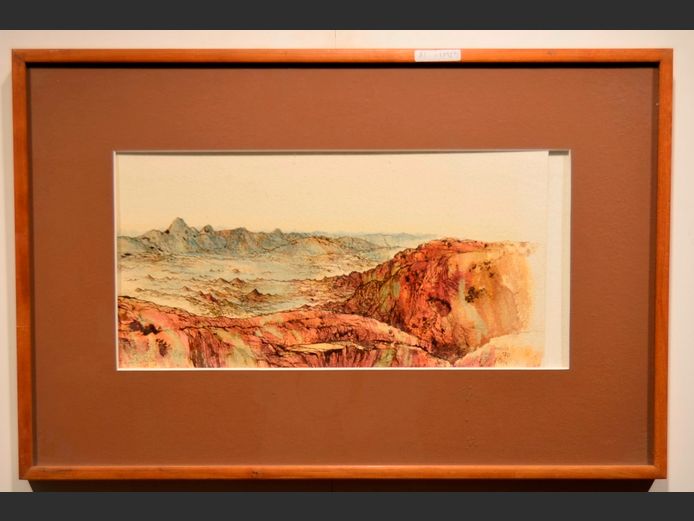 FRAMED INK ON PAPER "NAMIBIAN LANDSCAPE", 45.7 x 21.9cm