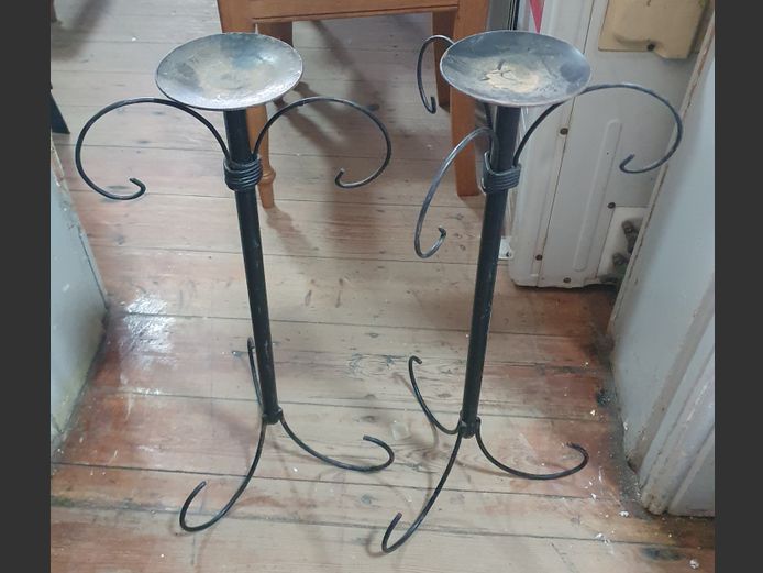 PAIR BLACK WROUGHT IRON CANDLE STANDS, 60cm High