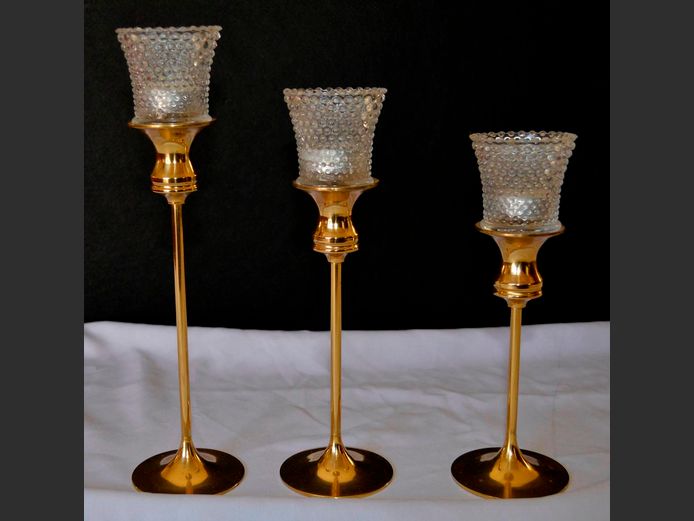 SET OF 3 BRASS & GLASS TEALIGHT CANDLESTICKS, 32cm High, 27cm High & 24cm High