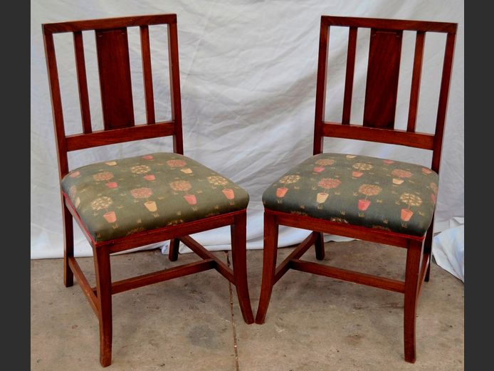 PAIR TEAK HALL CHAIRS WITH FLORAL UPHOLSTERED SEATS
