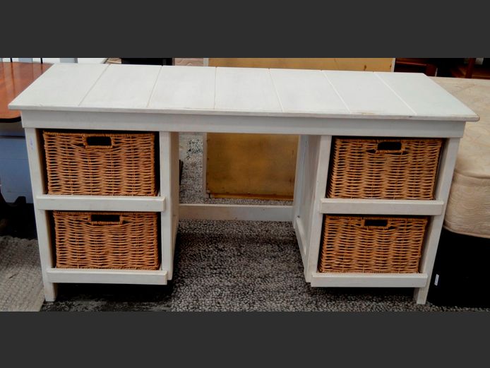 WHITE PAINTED 4 WICKER DRAWER DESK, 147 x 53 x 78cm, WITH CHAIR