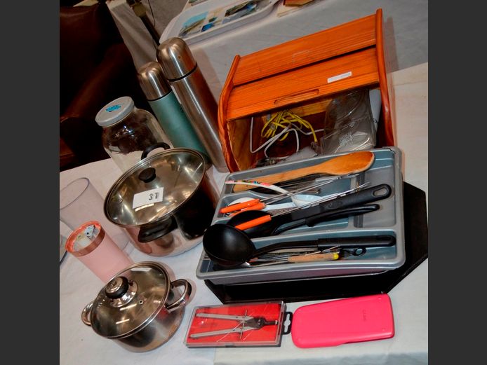 STAINLESS STEEL POTS WITH LIDS, BREAD BIN, CUTLERY, etc
