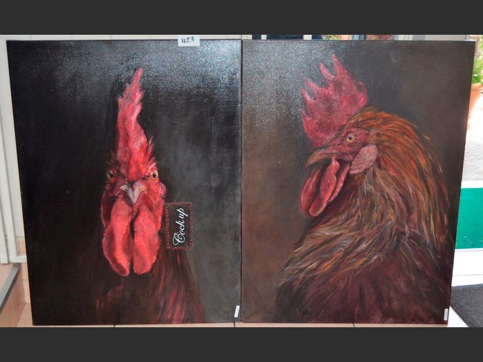 PAIR OILS ON CANVAS "ROOSTERS", 101 x 76cm