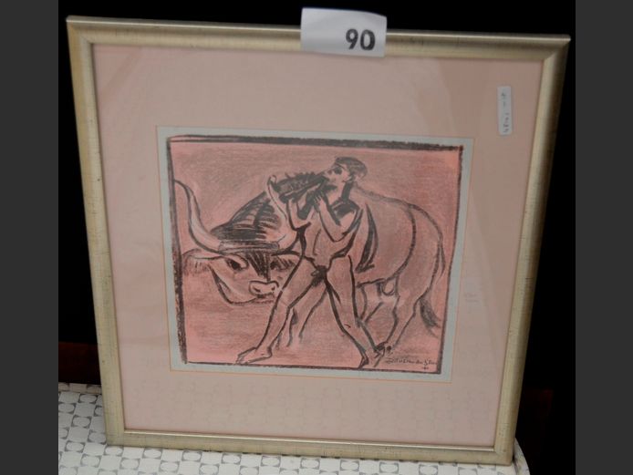 SILVER GILT FRAMED, SIGNED & NUMBERED PRINT "BULL", 26 x 26cm