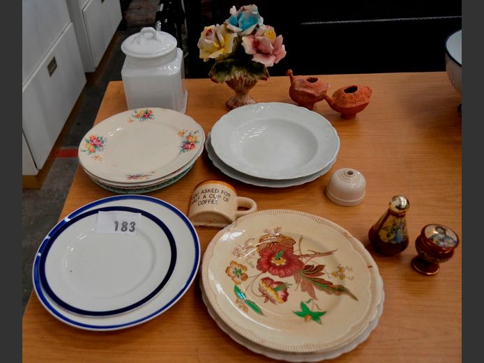 CLARICE CLIFF, ALFRED MEAKIN & SHELLEY: PLATES, ROSE ORNAMENT, JAR WITH LID, etc [Damage to some pieces]