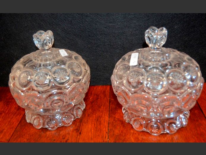 PAIR CUT GLASS SWEETS DISHES WITH LIDS, 15cm Diameter x 16cm High