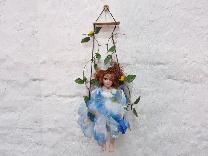 Vintage Porcelain Garden Fairy Doll on Swing with Vines