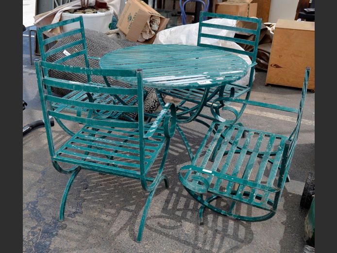 GREEN METAL CIRCULAR PATIO TABLE WITH 4 MATCHING CHAIRS, 90cm Diameter x 75cm High [1 Chair broken, needs re-painting]
