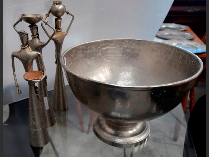 CAST ALUMINIUM FRUIT BOWL,38cm Diameter x 26cm High, & 3 METAL FIGURINES, 40cm, 37cm & 35cm High