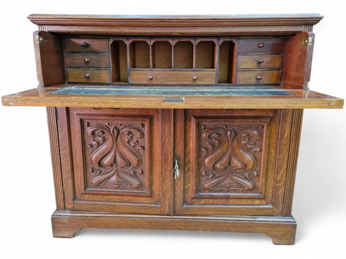 Art Nouveau Carved Oak Bureau