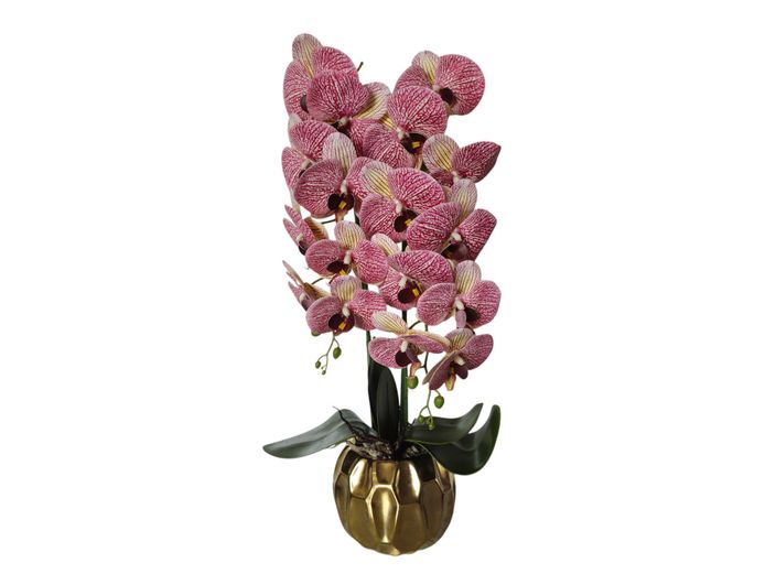 Contemporary Faux Orchid Arrangement in Gilded Faceted Planter