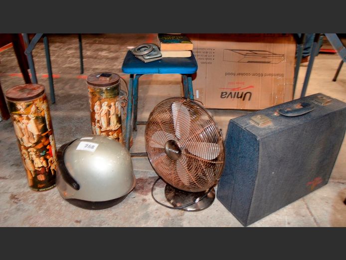 VINTAGE MILK CAN, MOTORBIKE HELMET, PLATINUM DESK FAN [Dead, rusted], STOOL, etc [69,80,24,26]