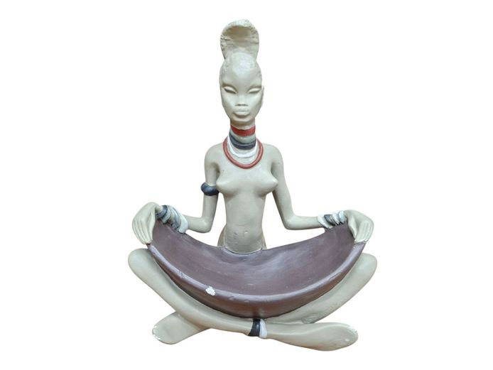African Sitting Lady Pottery Sculpture Signed "Alex"