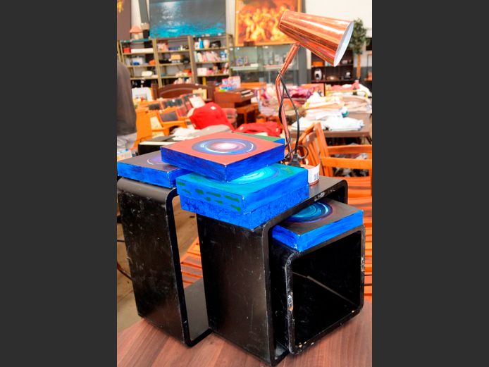 LOT: COPPER DESK LAMP, 41cm High, SET OF 3 WALL MOUNT SHELVES, etc, 41 x 20 x 41cm, 36 x 20 x 36cm & 26 x 20 x 26cm