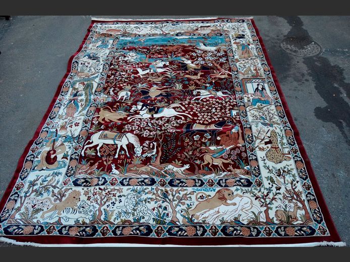 NAIN BURGUNDY, BEIGE & BLUE PERSIAN CARPET, 300 x 400cm