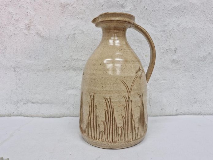 Handcrafted Studio Pottery Pitcher Jug With Embossed Reed Motif
