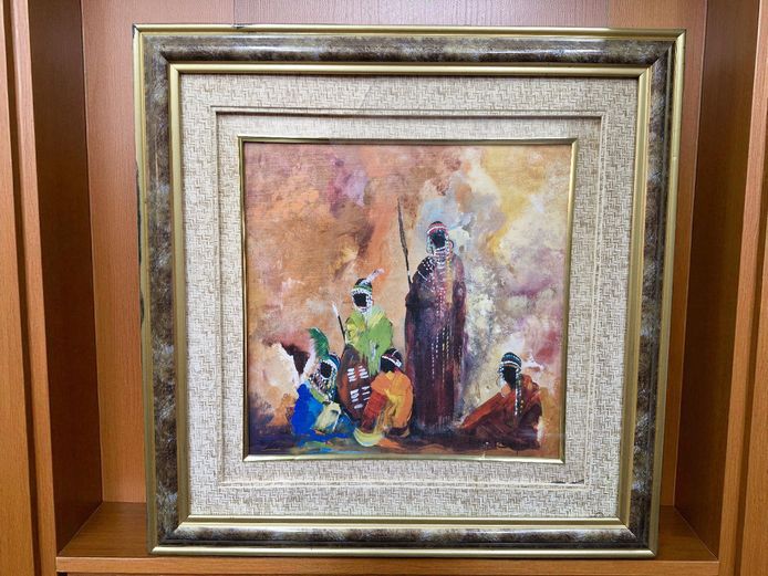 Framed African Picture "Village People in Traditional Attire"