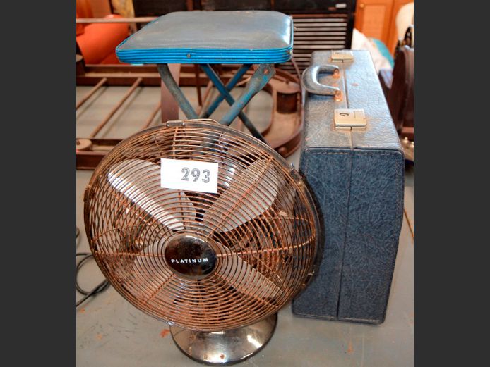 PLATINUM DESK FAN [Dead, rusted], STOOL & A BRIEFCASE [69,80]