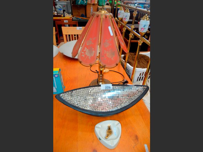 BRASS TABLE LAMP WITH GLASS SHADE, 55cm [ 1 Glass panel needed, brass coating rusted], MOSAIC FRUIT BOWL & ASHTRAY