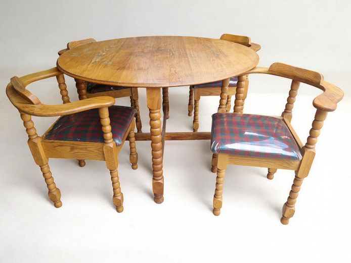 Antique Oak Nestled Dining Table & Captain's Chairs