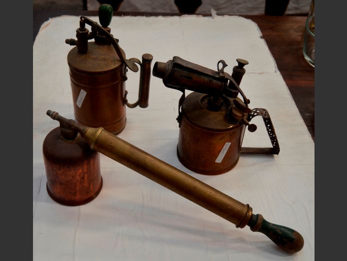 VINTAGE BRASS BLOWTORCH, COPPER INSECTICIDE SPRAYER, etc