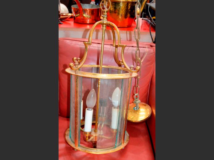 BRASS CEILING LIGHT WITH GLASS SHADES, 28cm Diameter x 61cm High [Needs a polish]