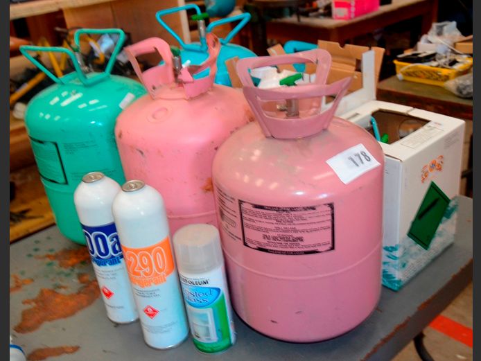 LOT OF 7: ASSORTED REFRIGERANT CANISTERS [Condition of contents unknown, 1 is full]