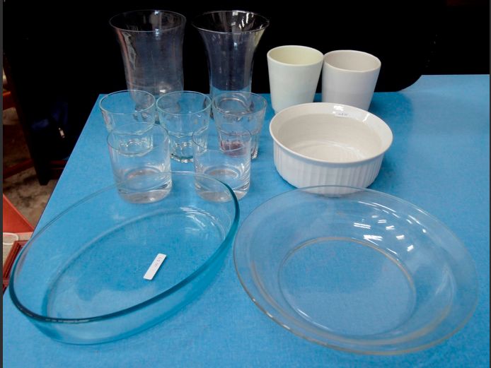 GLASS OVEN DISHES, GLASS VASES, etc