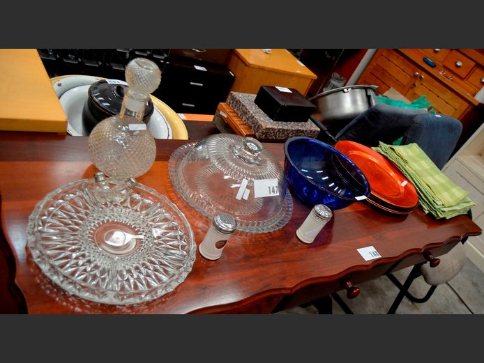 GLASS DECANTER WITH STOPPER, GLASS CAKE PLATE WITH DOME, GLASS SNACK PLATTER, etc
