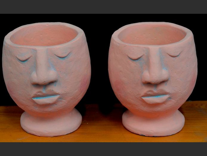 PAIR TERRACOTTA "FACE" PLANTERS, 14 x 12.5 x 13.5cm