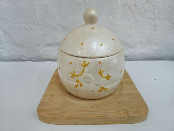 Ceramic Lidded Jar with Gold Floral Pattern and Wooden Base