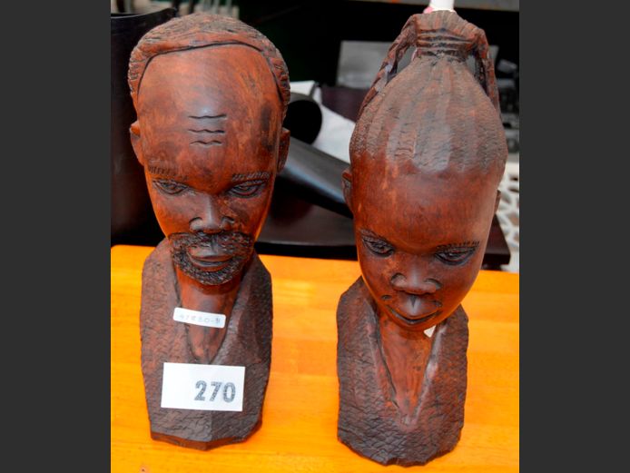 PAIR CARVED AFRICAN BUSTS OF A MAN & A WOMAN, 33cm High & 34cm High
