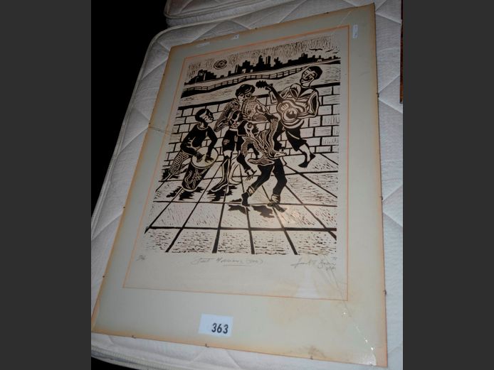 FRAMED, SIGNED & NUMBERED 20/75 LINOCUT PRINT BY FRANK T. BROWN, 61 x 46cm [Glass cracked]