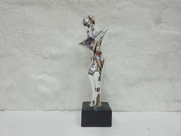 Silver-Tone Abstract Dancing Couple Sculpture on Base Hard Plastic