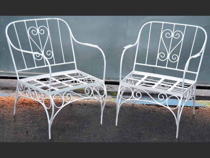 PAIR WROUGHT IRON PATIO CHAIRS WITH CUSHIONS