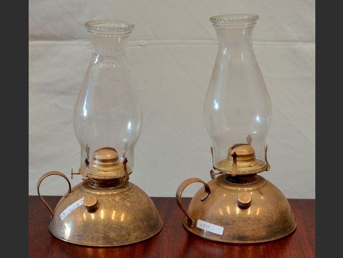 PAIR SILVER PLATE OIL LAMPS WITH GLASS SHADES, 29cm High