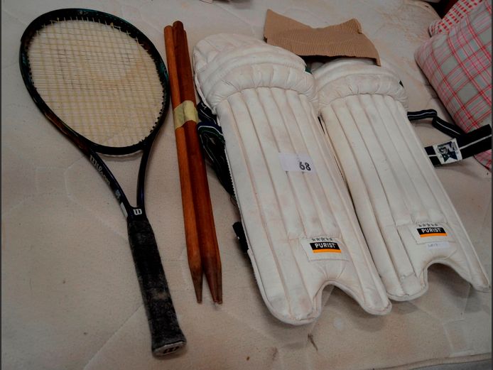 CRICKET PADS, TENNIS RACQUET, etc