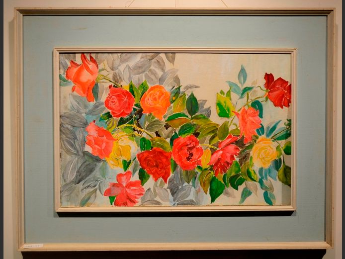 FRAMED OIL ON BOARD "ROSES", 55.2 x 37cm [In need of some restoration]