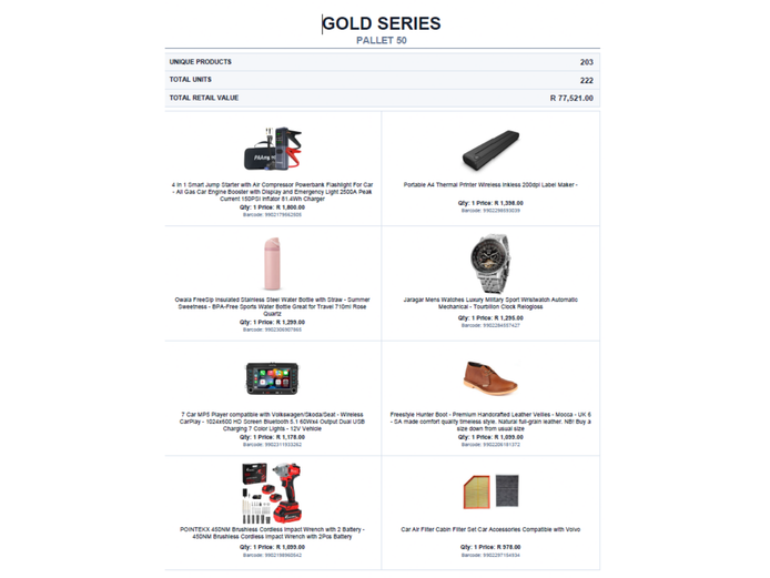 RETAIL RETURN STOCK ON PALLET TOTAL RETAIL VALUE: R77,521.00 STC