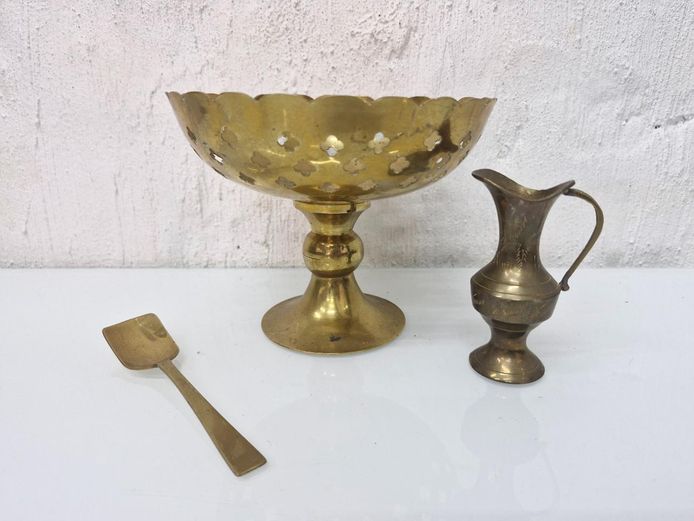 3-Piece Brass Set - Scalloped Pedestal Candy Bowl, Mini Jug & Scoop