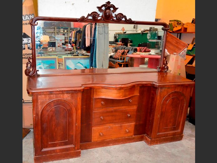 ANTIQUE MAHOGANY 2-DOOR, 4-DRAWER MIRROR BACK DRESSER, 213 x 62 x 182cm