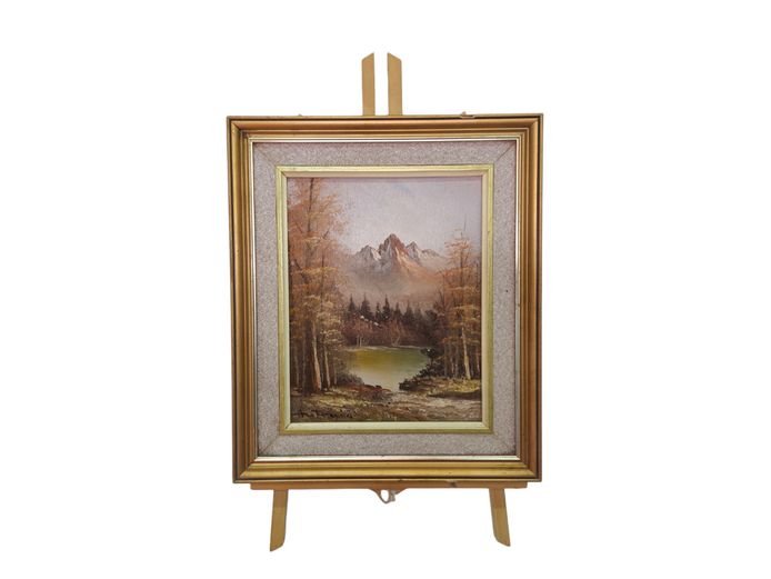 Vintage Mountain Landscape Painting Signed "Antonio" with Tabletop Easel