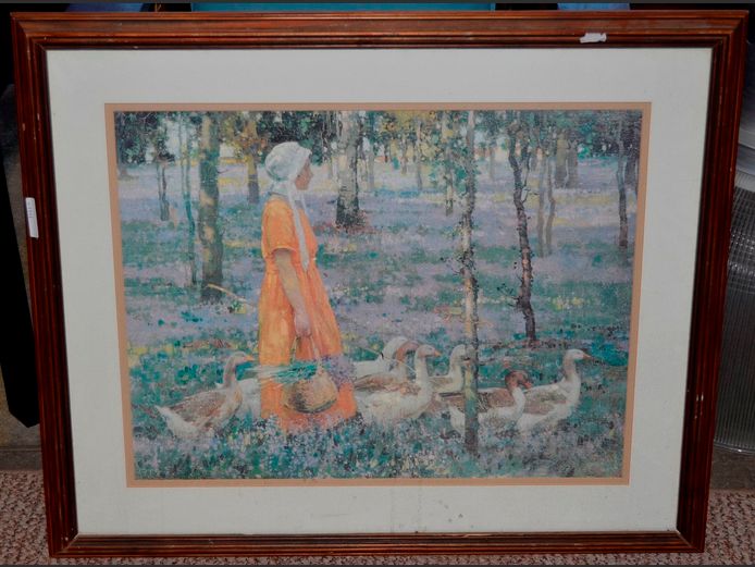 FRAMED PRINT "LADY & GEESE", 57 x 45cm