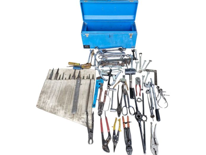 Large Assortment of Tools with Blue Metal Toolbox