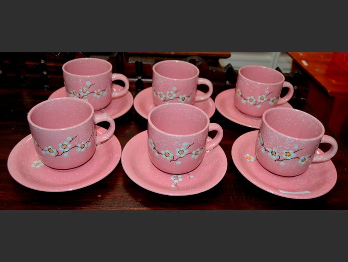 SET OF 6 PINK BLOSSOM CUPS & SAUCERS