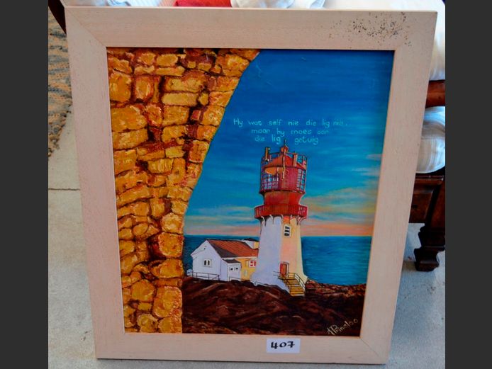 FRAMED OIL ON BOARD "LIGHTHOUSE" SIGNED A. PRINSLOO, 59 x 49cm