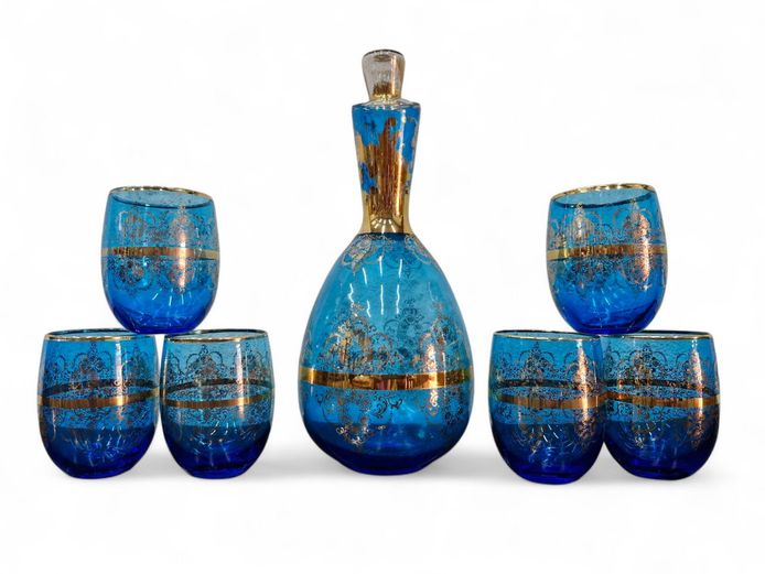 Vintage Bohemian Blue Glass Decanter Set