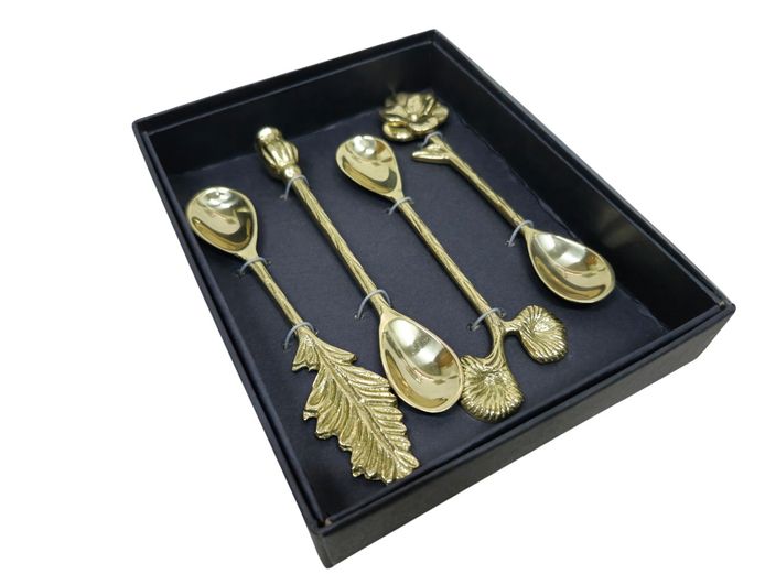 Botanical Motif Brass-Plated Demitasse Spoon Set (4 Piece)